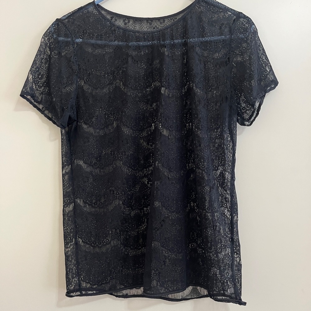 American Apparel Women Sheer Lace Top XS S Black Scallop Hem Gothic Romantic USA